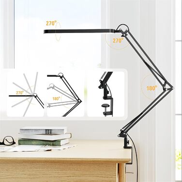 SKYLEO LED Desk Lamp with Adjustable Gooseneck - 80cm Height, 5 Color Modes, 11 Brightness Levels, Timer & Memory Function, 12W, Black - Clamp-On Design