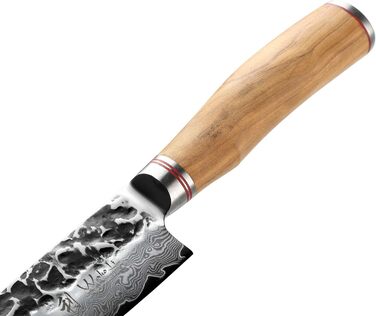 Ніж Santoku Wakoli Olive з дамаської сталі 17 см - професійний кухонний ніж з дамаської сталі 67 шарів з серцем VG10, ручка з оливкового дерева - для м'яса, риби та овочів, в дерев'яній коробці