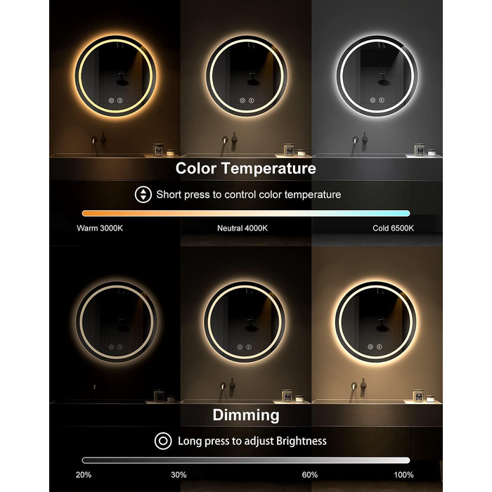 Дзеркало для ванної кімнати Dripex круглої форми з підсвічуванням LED, сенсорне керування, регулювання яскравості, 3 кольори світла, запобігання запотіванню, 60x60 см