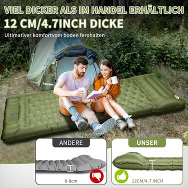 ARFNKIM Self-Inflating Camping Mat - 12cm Thick Sleeping Pad with Foot Pump & Pillow - Lightweight, Compact, Waterproof for Outdoor Use (Green)