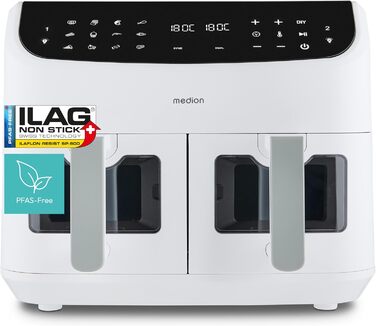 MEDION P20 XXL Фритюрниця для повітря з 2 камерами (8,7 л, 2600 Вт, 10 програм, ILAG PFAS-free, MD11760) матово-біла