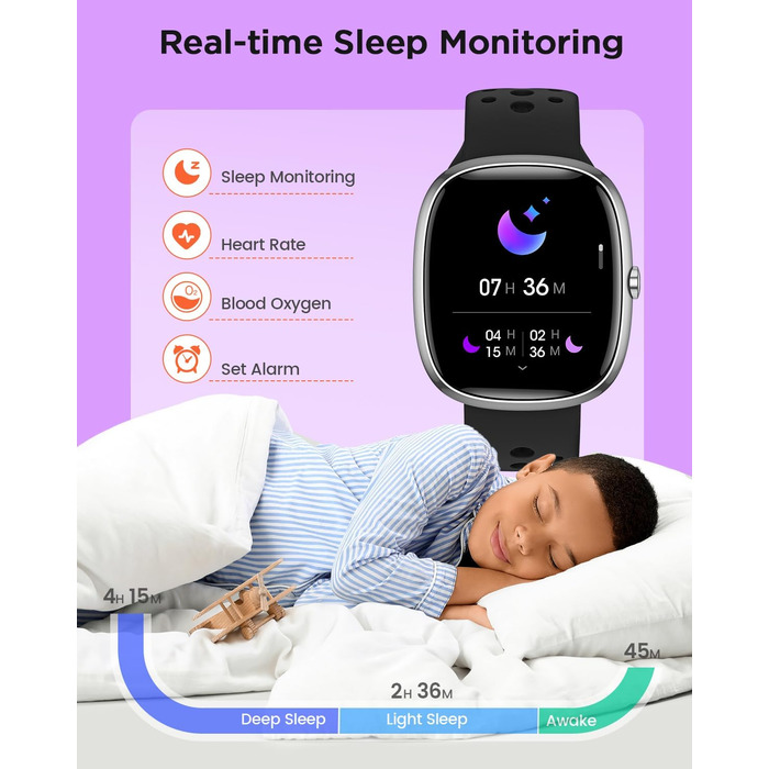 Дитячий розумний годинник для хлопчиків та дівчаток, фітнес-трекер активності з 100+ спортивними режимами, крокомір, монітор серцевого ритму та сну, водонепроникність IP68, подарунок для підлітків 5-16 років, чорний