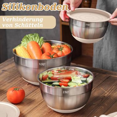 Mixing Bowl Set of 6, Stainless Steel Bowls with Airtight Lid & Silicone Bottom, 3 Grater Attachments, Bowl Set for Baking/Serving, 6.6 L/3.8 L/2.4 L/1.9 L/1.4 L/0.6 L - Khaki