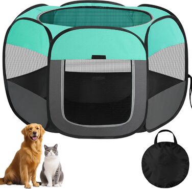 Клітка-забіг для цуценят, вольєр для собак та котів, портативна клітка-забіг для тварин, водовідштовхувальне полотно Oxford, з сумкою для перенесення, для дому, вулиці, кемпінгу (Білий, Зелений, L(110x110x60cm))