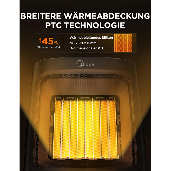 Електричний обігрівач Midea Ceramic 2000W з термостатом, 3 режими, таймер 24г, захист від перегріву та перекидання, миттєве тепло для офісу та спальні, 22 см, чорний