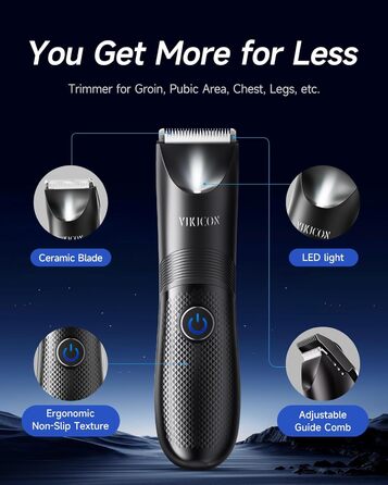 Електричний триммер для чоловічих інтимних зон VIKICON з LED-підсвічуванням, водонепроникний, для тіла та гоління, акумуляторний, чорний