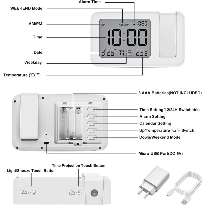 CHEREEKI Projection Alarm Clock, Alarm Clock with Indoor Temperature, 4 Adjustable Projection Brightness, 9-Minute Snooze Function, Digital Alarm Clock Suitable for Office and Bedroom