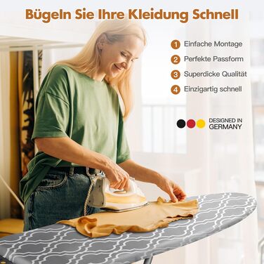 Глянець для прасувальної дошки LaFleurs® 150x50 см (XXL) – бавовна з комфортною підкладкою, фіксатор, для парових прасок, швидке прасування, сірий колір