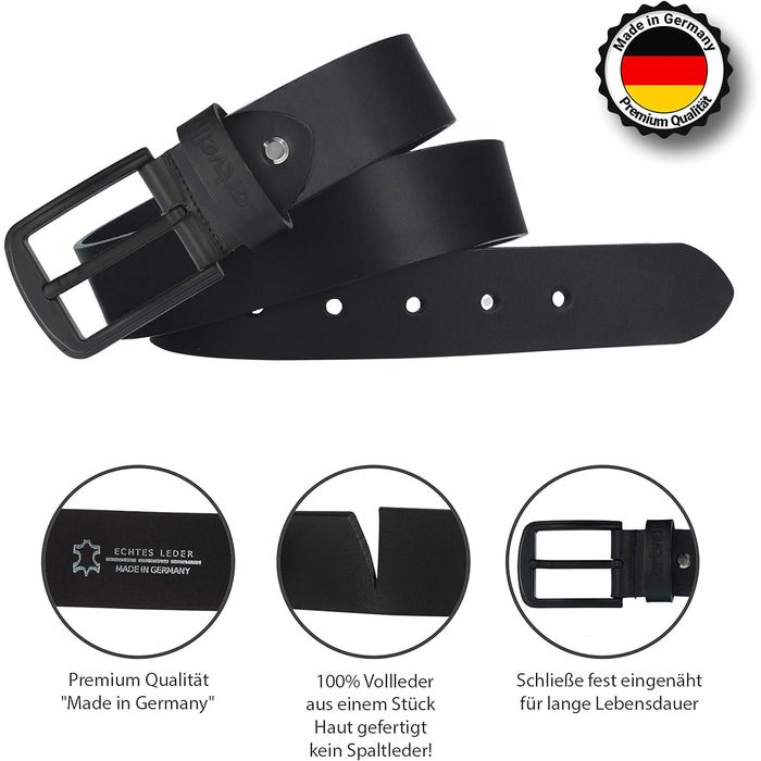 Чоловічий шкіряний ремінь чорного кольору 40 мм, Made in Germany, подарункова коробка, чорна пряжка, матеріал - шкіра, ширина 40 мм, розмір 110