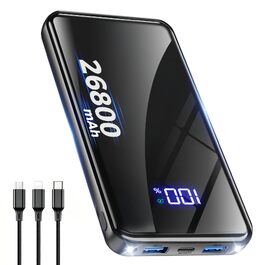 Повербанк 26800mAh з швидкою зарядкою USB-C та кабелем 3-в-1, Dual-LED ліхтарем, чорний — зовнішній акумулятор для iPhone 17/16/15, Samsung S26/S25, Xiaomi