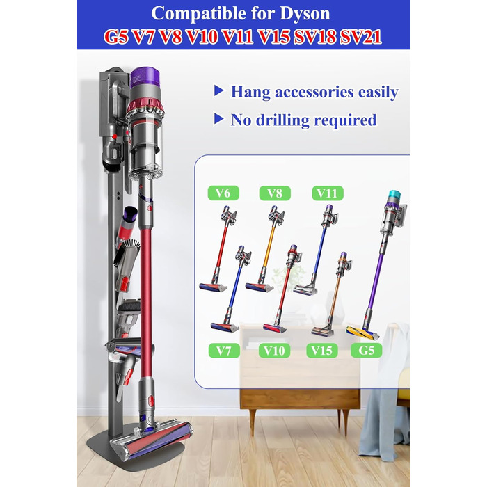 Підставка для пилососа Haturi для Dyson Gen5 V15 V12 Detect V11 V10 V8 V7 V6, металева стійка-дозатор, приховане кабельне кріплення, сірий