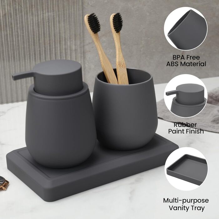 Сучасний набір для ванної кімнати AJEUNGAIN сірого кольору: мильниця, стакан для зубної пасти, піднос. 3 предмети.