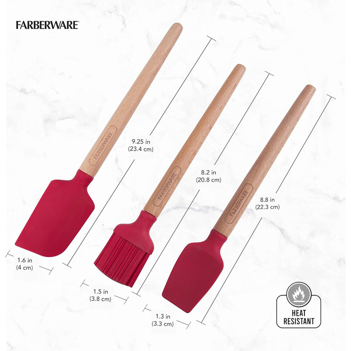 Farberware Wooden Baking Set, including mini baking brush, slotted spatula, perfect for sweet and savory dishes, 3-piece set, red