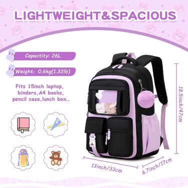 Дитячий рюкзак для дівчаток - шкільні сумки для учнів середньої школи - рюкзак для початкової школи, чорний та фіолетовий