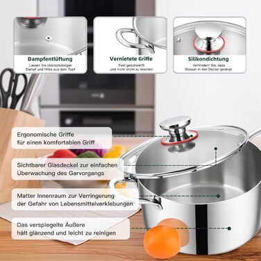 Каструля Kochtopf Onader з нержавіючої сталі, 5л, індукційне дно, з кришкою, для всіх плит, 20 см