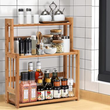 GIANTEX 3-Tier Bamboo Spice Rack, Corner Kitchen Shelf Organizer, Wooden Spice Stand Natural, Standing Kitchen Spice Rack, Kitchen Shelf System Spice Organizer Kitchen Organizer for Kitchen