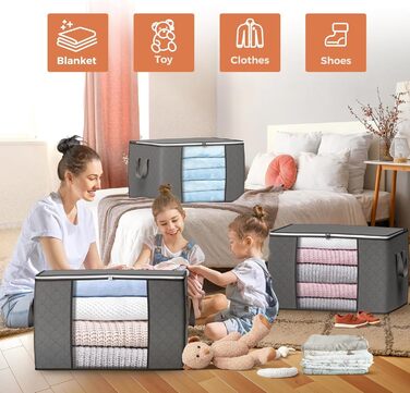 6 містких мішків для зберігання Budding Joy 90л з кришкою сірого кольору. Органайзери для одягу, постільної білизни, ковдр. Ідеально для переїзду та зберігання.