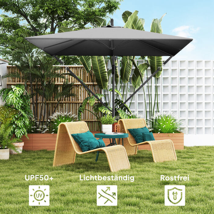 Зонт Outsunny для підвішування Ø260 см, парасолька з захистом від ультрафіолету 50+, водовідштовхувальний, розкладний зонт з ручкою, стійкою, покриттям, ручкою, захистом від вітру, ринковий зонт, що нахиляється, садовий зонт для балкона, тераси сірого кол