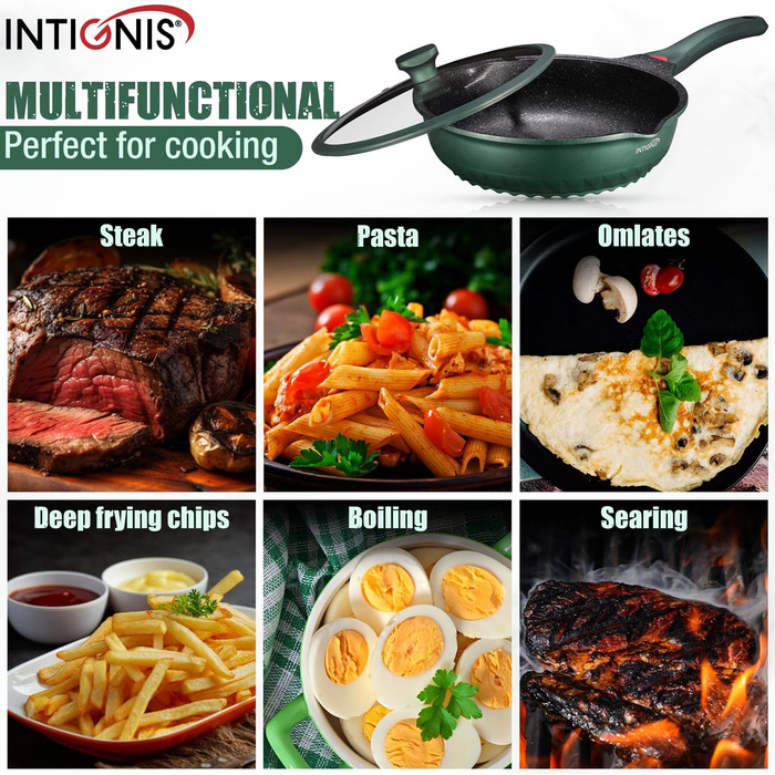 INTIGNIS® Преміум сковорода з кришкою, антипригарна, глибока, сумісна з усіма типами плит (включно з індукцією), без хімікатів, з надзвичайною антипригарним покриттям (біла, 30 см)