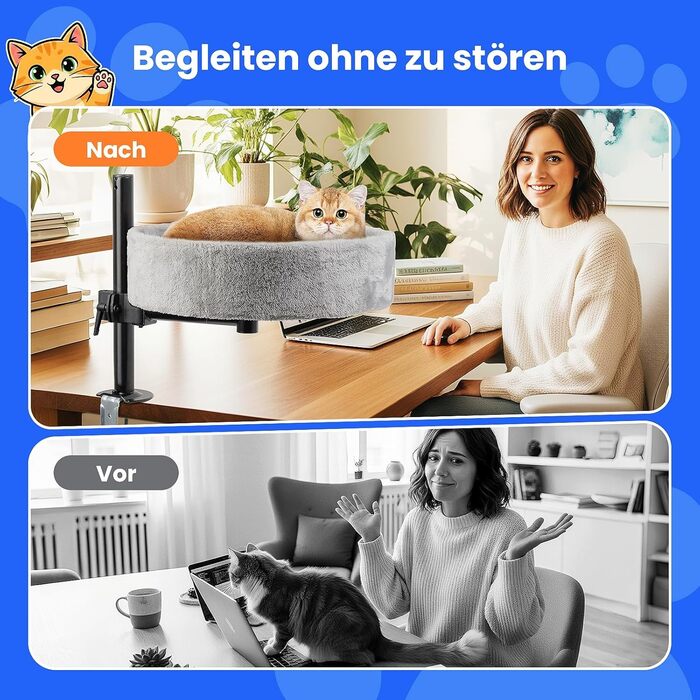 BSWAY Крісло-гніздо для кота на стіл - Покращена 360° обертання, регульована висота, без свердління. Підвищене котяче ліжко над столом. Тримає кошеня/кота близько, робочий простір вільний. Крісло-ліжко для кота на стіл (Сірий, XL)