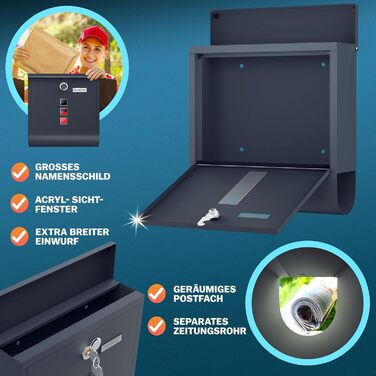 Поштовий ящик Monzana Kreuzschloss з мідним циліндром, сталевий, чорно-срібний (антрацит) 31x10x34 см, з вікном для газет та іменним шильдиком, 2 ключі