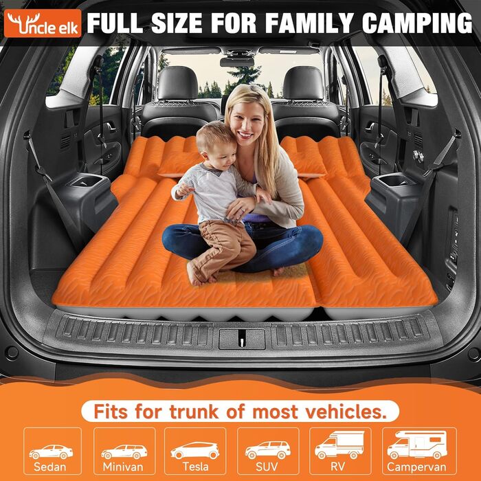 Automatic Inflatable Air Mattress for SUV - Flocked Surface, 2-Pillow Air Bed for Car Trunk, Travel, Camping & Home Use (Orange, 183x124x10 cm)