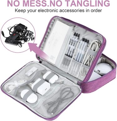 Органайзер для кабелів AiQInu: універсальна дорожня сумка-кубик, 3 шари, водонепроникний, для кабелів, power bank, USB, SD карт (фіолетовий)