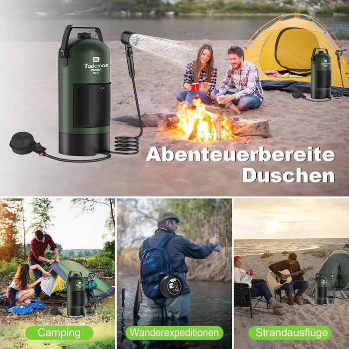 Сонячний душ для кемпінгу на 20 літрів з насосом та сумкою, зелений