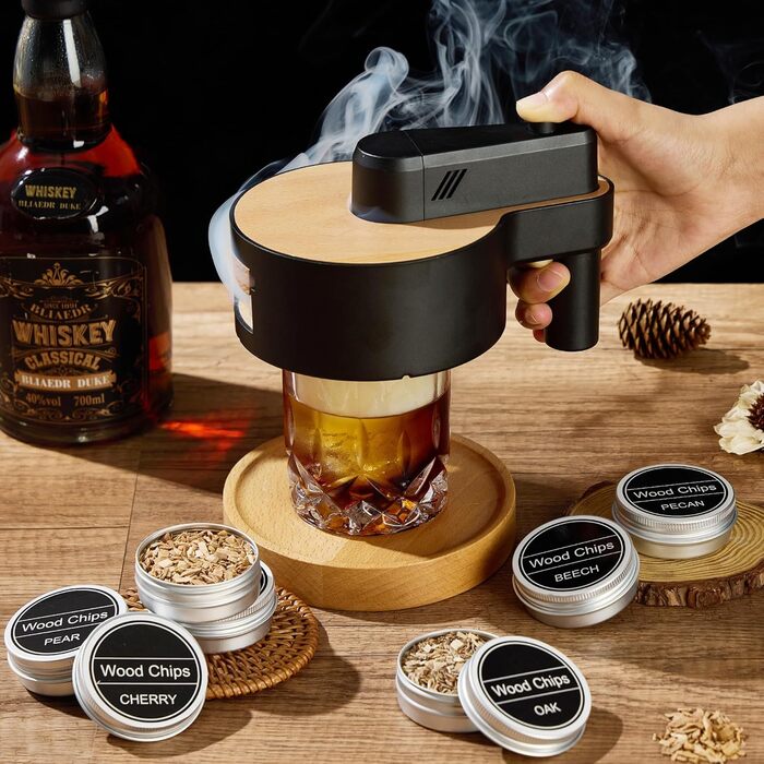Набір для копчення віскі: 6 видів тирси, дубовий smoker з основою, 2 металеві фільтри, комплект для віскі та Old Fashioned, подарунок для чоловіків (без бутану)