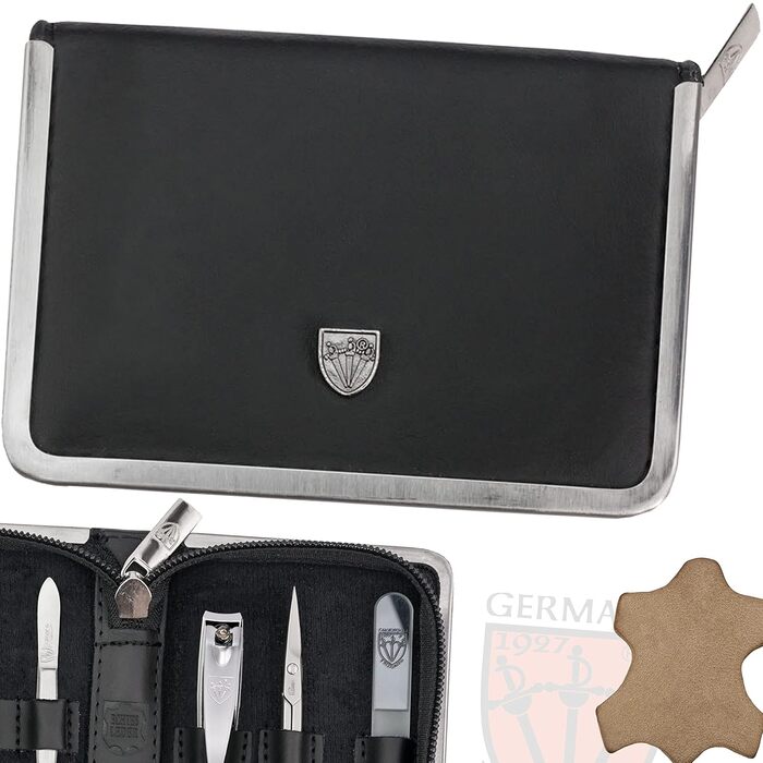 Набір для манікюру та педикюру DREI SCHWERTER 'Ferrara' 6 предметів, німецька якість, чорна шкіра | Манікюрний набір, шкіряний чохол, 6 предметів: ножиці для нігтів, ножиці для кутикули, кусачки, скляна пилка, засіб для очищення нігтів, пінцет