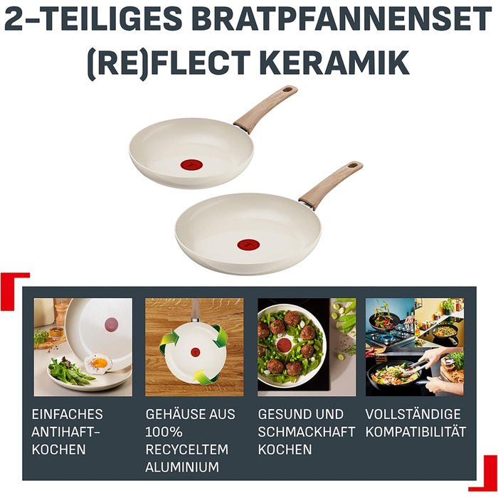 Набір сковорідок Tefal Reflect On 2 шт., антипригарне керамічне покриття, алюміній (перероблений), індикатор нагріву, для всіх плит, кремовий колір
