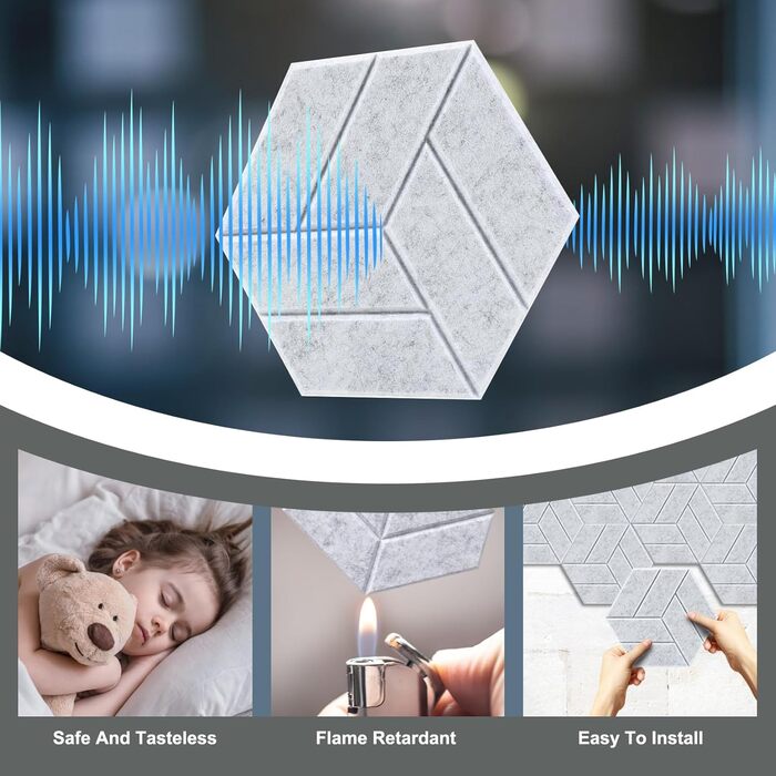 Акустичні гексагонні панелі самоклеючі, звукопоглинаючий пінопласт для стін у студію, офіс та ігрову кімнату, сірі (30x26x0.9 см), 12 шт.