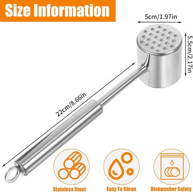 Молоток для м'яса з нержавіючої сталі 304 з гачком, двосторонній багатофункціональний відбійник для стейків, курки та свинини, 22 см, сріблястий