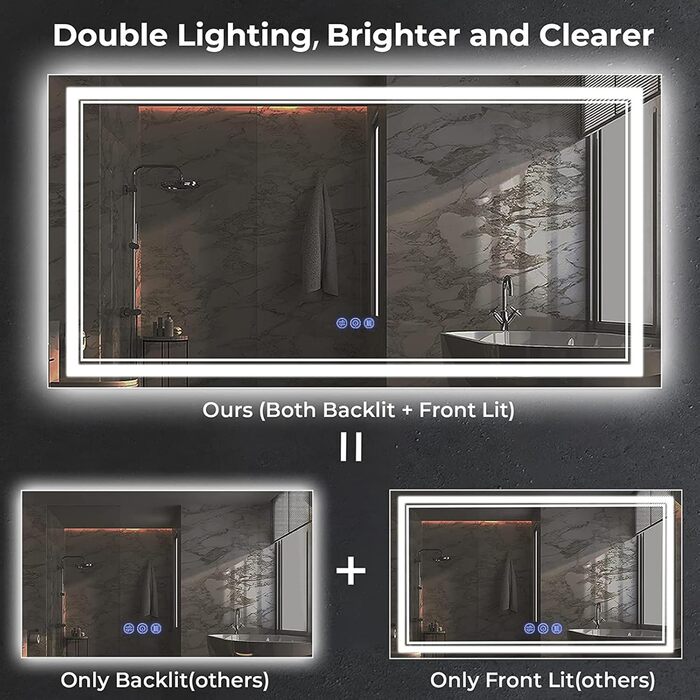Дзеркало для ванної кімнати з підсвічуванням 100x60 см, сенсорне керування, IP65, 3 колірні температури, HD скло, вертикальна/горизонтальна орієнтація, Faw Halo Double
