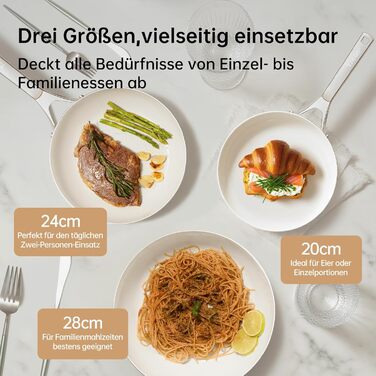 Набір сковорідок з керамічним антипригарним покриттям Tjean (без PTFE, PFOA, PFAS) з нержавіючою ручкою, підходить для індукційних, газових, електричних плит та духовки до 280°C (кремовий, 20+24+28 см)