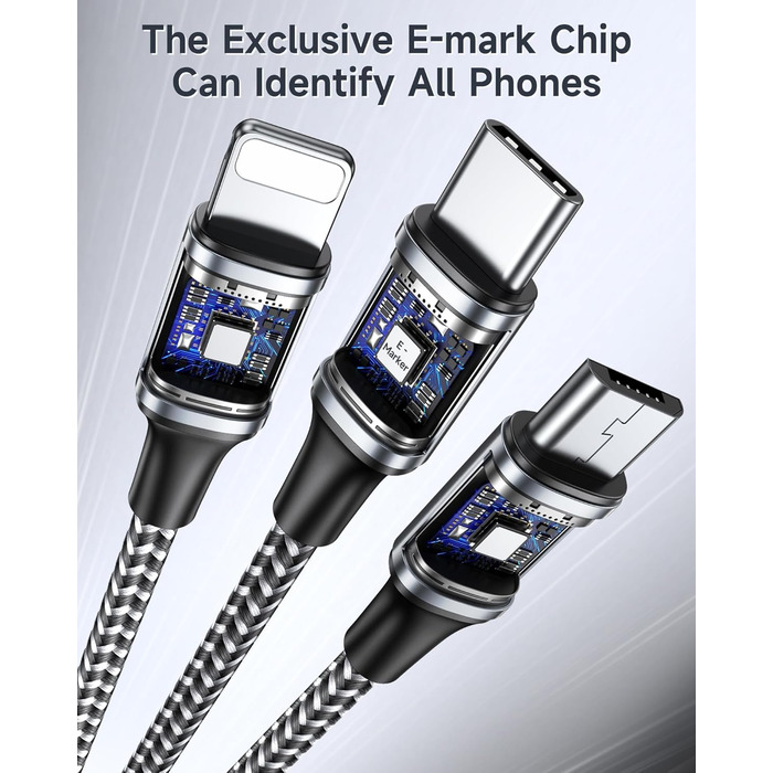 Кабель RAVIAD 100W USB-C на 3 USB (USBC, Micro, Lightning) 2м, сірий. Швидка зарядка для iPhone, Galaxy, MacBook