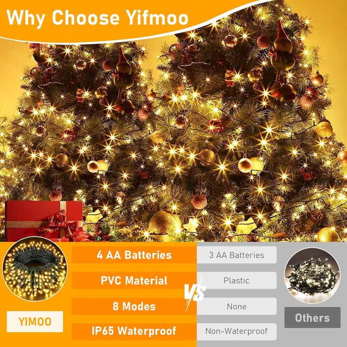 Гірлянда світлодіодна святкова, 30м, 300 LED, з таймером, 8 режимів, водонепроникна, зелений кабель, тепле біле світло, для декору, вечірок, саду, на різдво