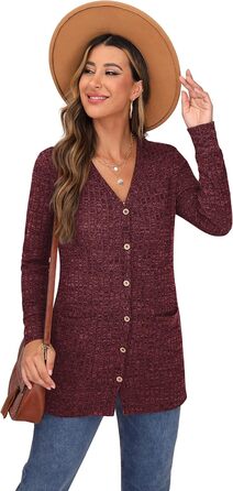 Жіночий в'язаний кардиган Grecerelle з довгими рукавами, V-подібним вирізом, з кишенями та ґудзиками, бордовий, осінь, м'який, елегантний, трикотажний