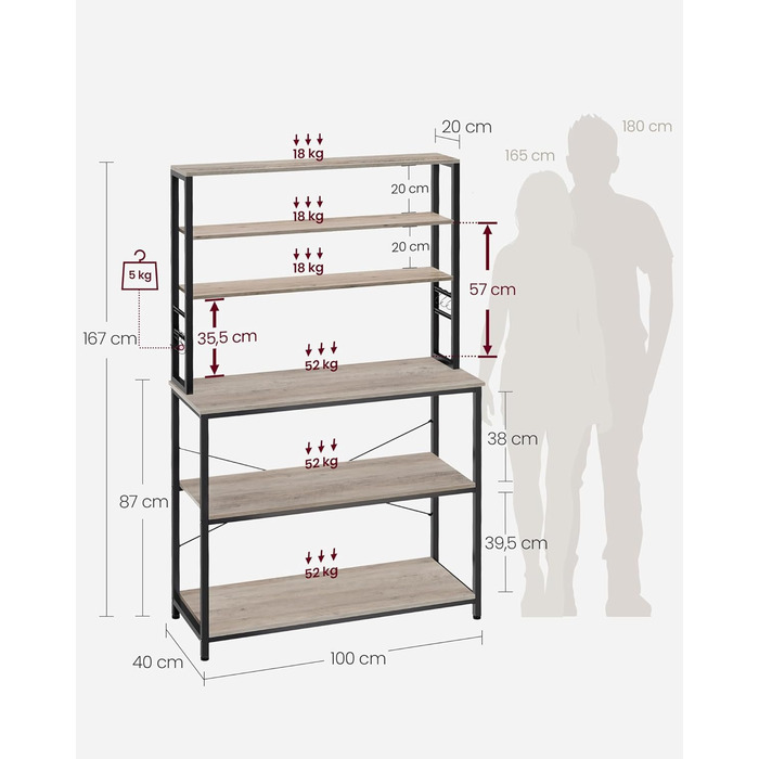 Стелаж кухонний VASAGLE, 6 полиць, гачки, сталевий каркас, 40 x 60 x 167 см, золотий дуб + білий