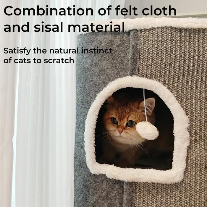 Spindro Cat Cave Cat Bed Large, Cat House Indoor Cat Sleeping Place with Removable Sherpa Cat Cushion and Hanging Toy, Cat Bed, Light Grey 42x42x33cm (4 level (42cmx32cmx84cm), Grey)