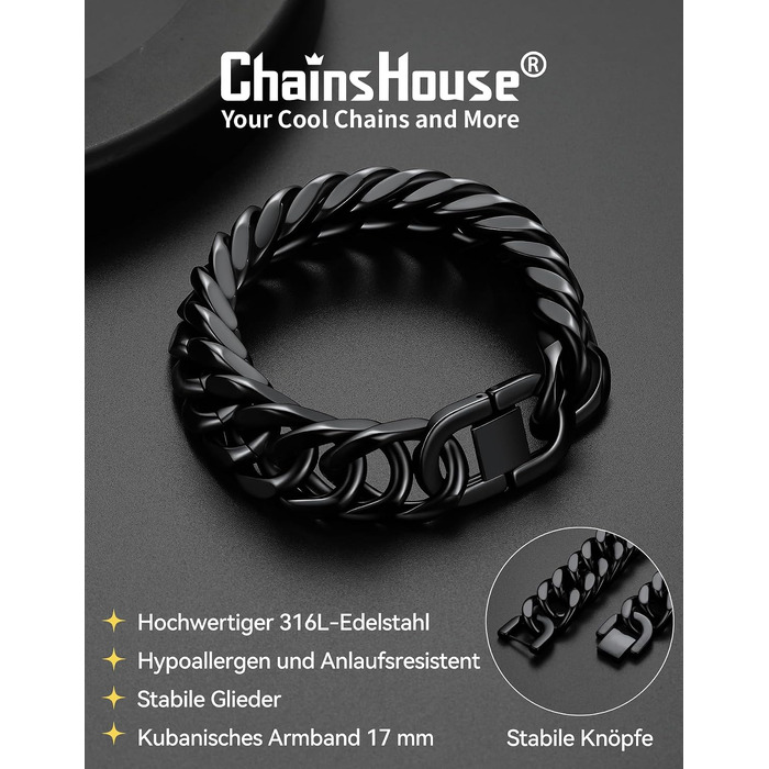 Чоловічий сталевий браслет-ланцюг Panzer від ChainsHouse, сріблястий/чорний/золотий, хіп-хоп стиль (Чорний, ширина 8 мм, довжина 19 см) з подарунковою коробкою