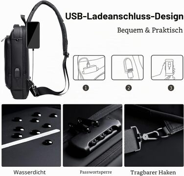 Чоловіча сумка-слінг FANDARE через плече з USB-портом та захистом паролем, водонепроникна сумка для подорожей та бізнесу, синя