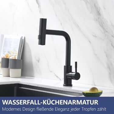 Кухонний змішувач AIMADI висувний, чорний, з 3-сторонньою душовою насадкою, 38 см шланг, однорідний міксер для холодної та гарячої води, для раковини та кухонного острова, водоспад, чорний