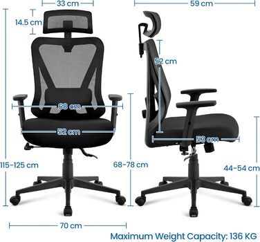 Офісне крісло Yaheetech з регульованою підголовником та поперековою підтримкою, дихаюча сітчаста спинка, широке сидіння, S-подібна спинка, поворотне на 360°, чорний