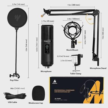 MAONO USB мікрофон PM421 для ПК, стримінгу, запису, YouTube, Twitch, PS4/5. Конденсаторний мікрофон з поп-фільтром та кнопкою вимкнення мікрофона. 192 kHz/24 Bit