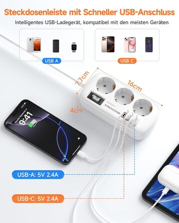 Многорозеткова станція з захистом від перенапруги, 3 розетки, 4 USB (2 USB-C), вимикач, кабель 1,5м, для дому/офісу, білий