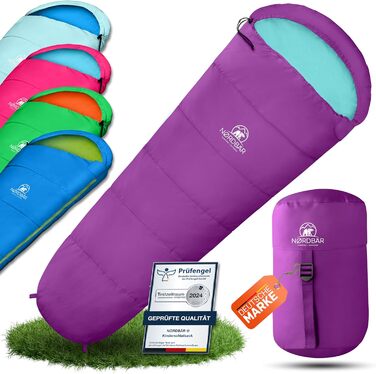 Дитячий спальний мішок для хлопчиків та дівчаток до 145 см | 100% бавовна | Мумійний спальник для кемпінгу | Легкий та теплий [1200г] | Кольори: фіолетовий/бірюзовий