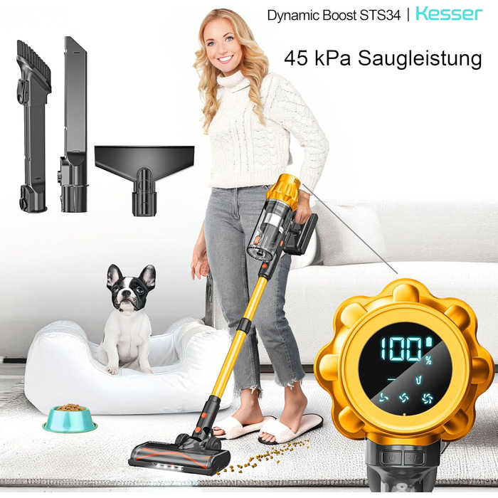 Бездротовий акумуляторний пилосос KESSER® з LED дисплеєм, до 70 хв роботи | Бездротовий пилосос без мішка з антизаплутувальною насадкою для твердих поверхонь, килимів та шерсті тварин (Помаранчевий / Жовтий)