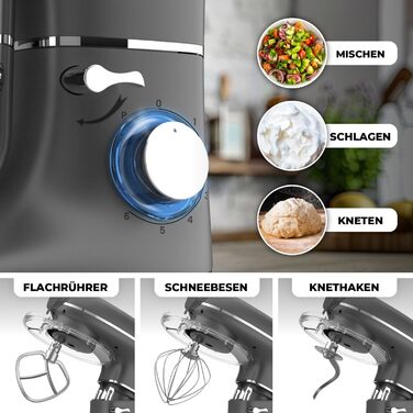 Кухонна машина з тістомісом та машиною для пасти – 2000W, з нержавіючою чашею 6.2L (сіра)