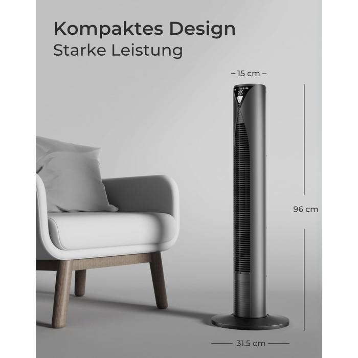 Турбовентилятор CoolHome CF2206 з пульт керування: тихий, з таймером, безпечний для дітей, 96 см (чорний)